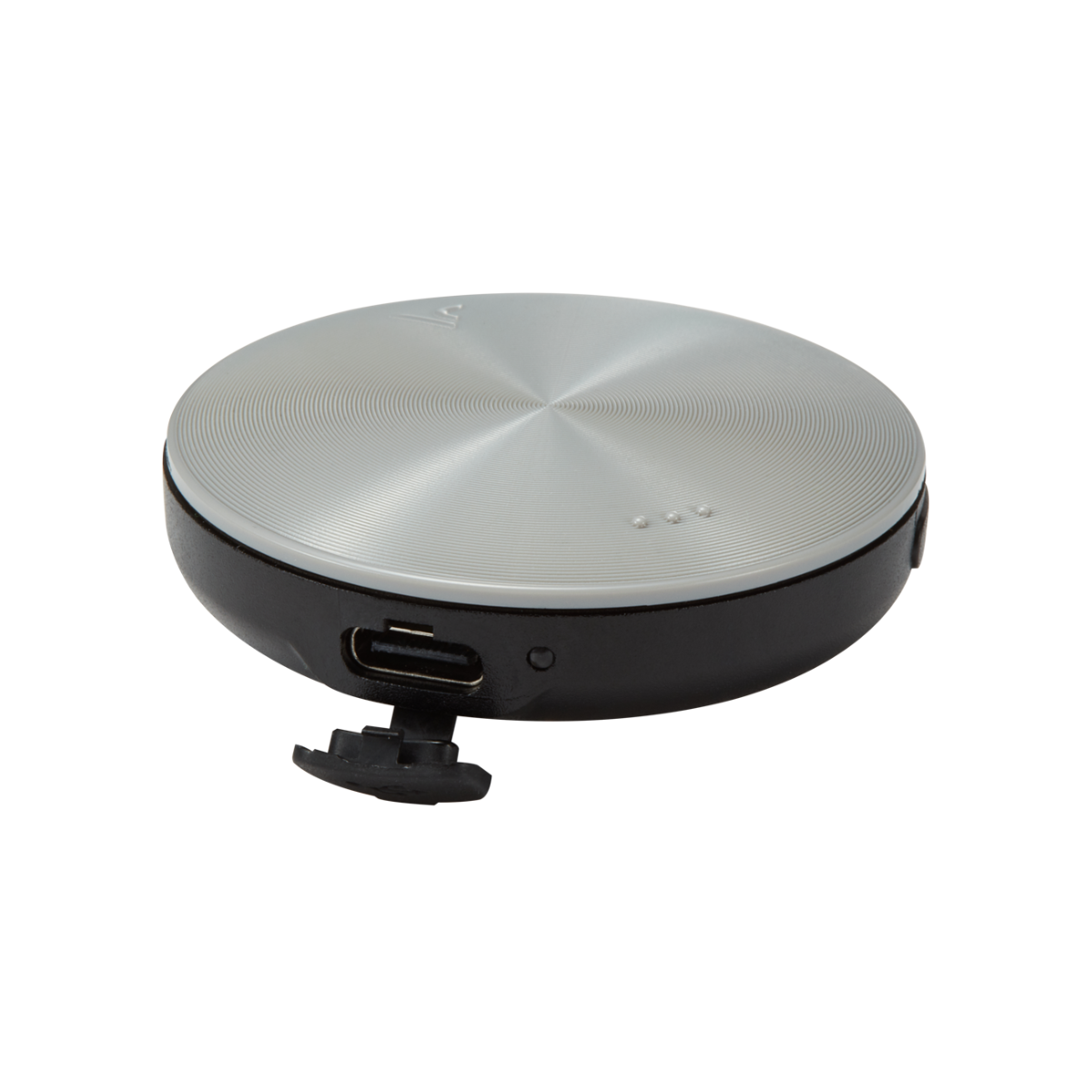 Voice Caddie voice GPS with metallic top and black base on a white background