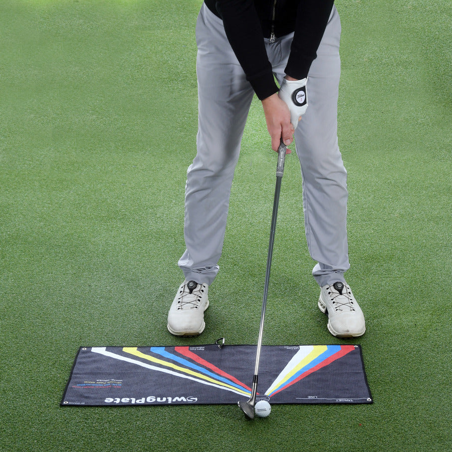 Swing Plate stance towel training aid for golf setup and ball position alignment
