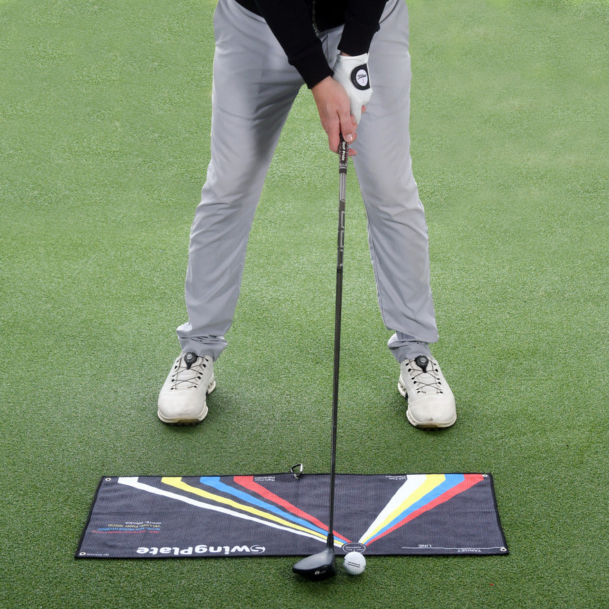 Swing Plate stance towel training aid for golf setup and ball position alignment
